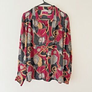 Vintage Alfred Dunner Blouse Womens XL Magenta Satin Baroque Chain Scarf Print